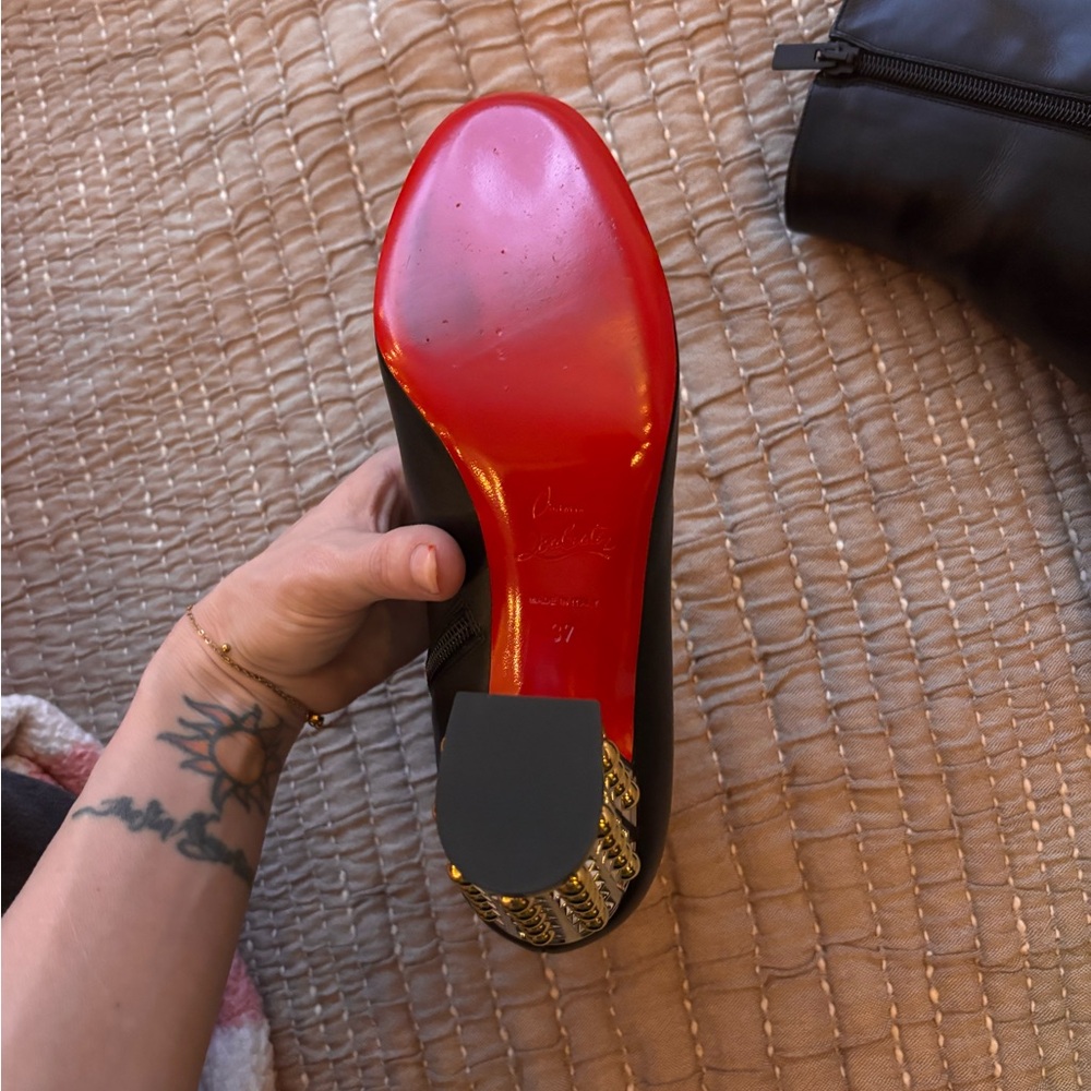 NEW Christian Louboutin Red Bottoms Black Booties with Gold Studded Block Heel - Picture 10 of 12